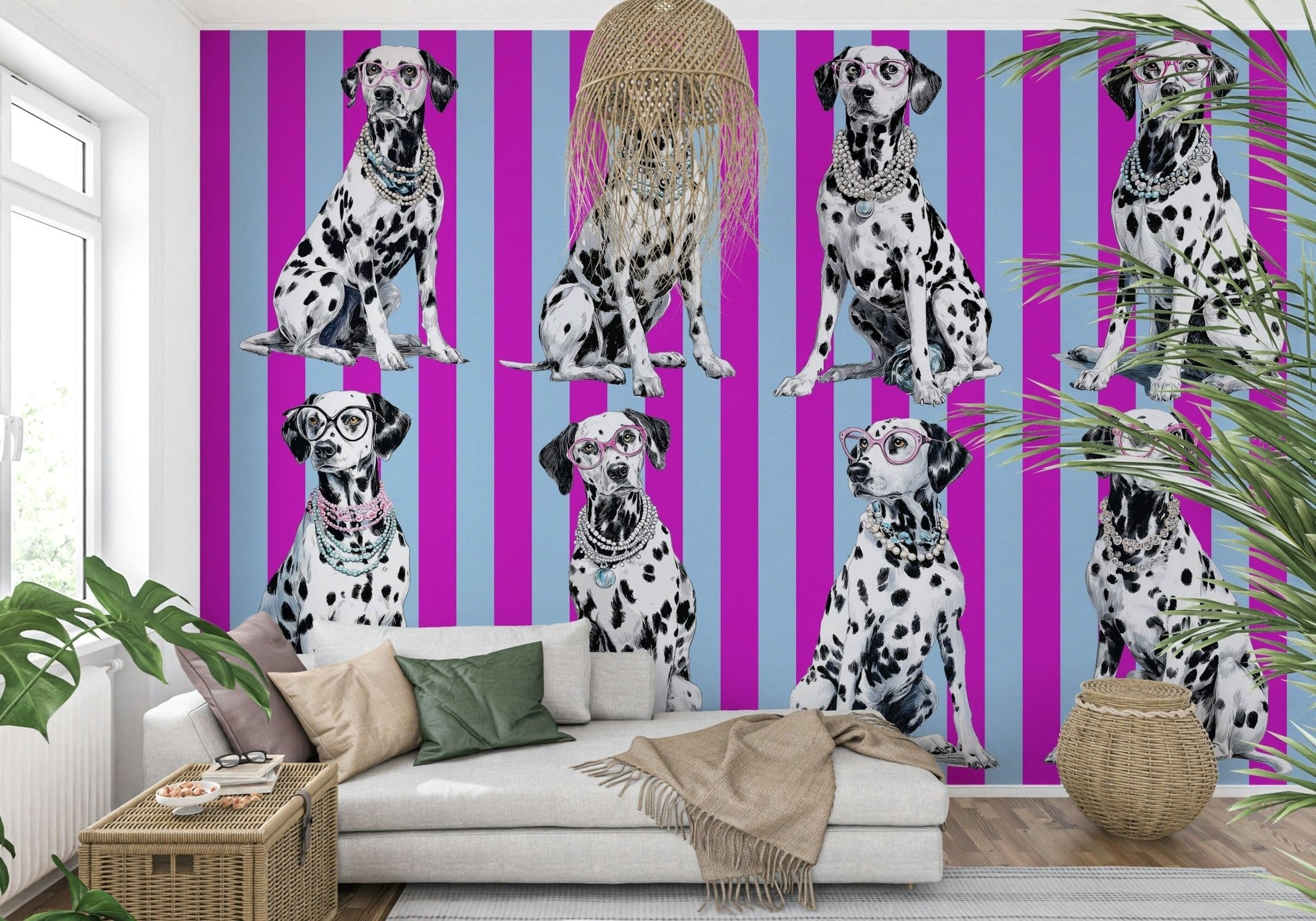 Monochrome diamond-patterned mural with dalmatian-inspired details adding playful sophistication.