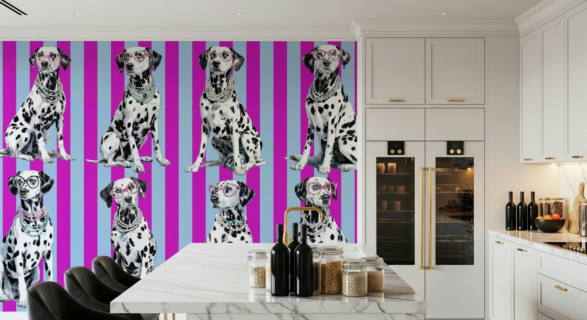 Black and white geometric wall mural featuring diamond shapes and organic speckled accents.