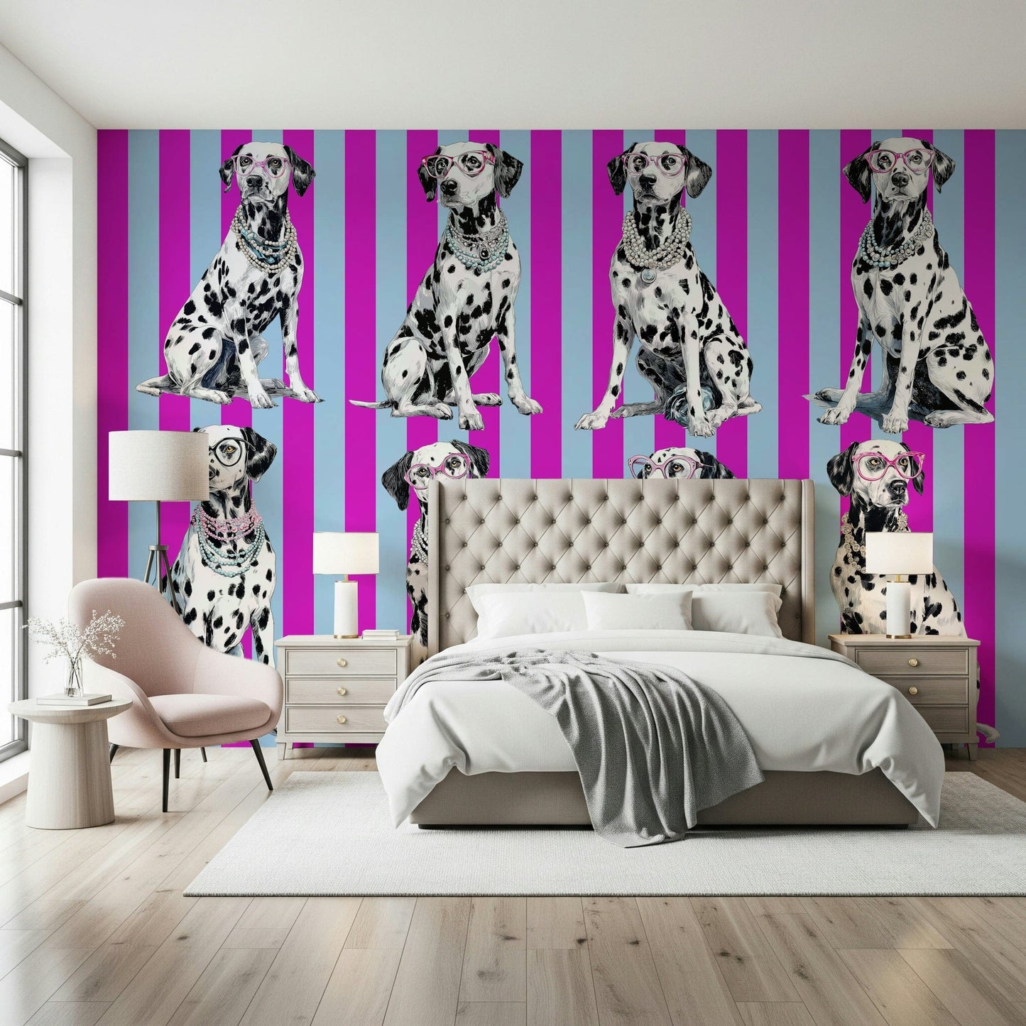 Contemporary black-and-white mural merging spotted dalmatian textures with diamond symmetry.