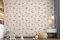 Scattered dinosaur mural wallpaper depicting Jurassic era fossils.