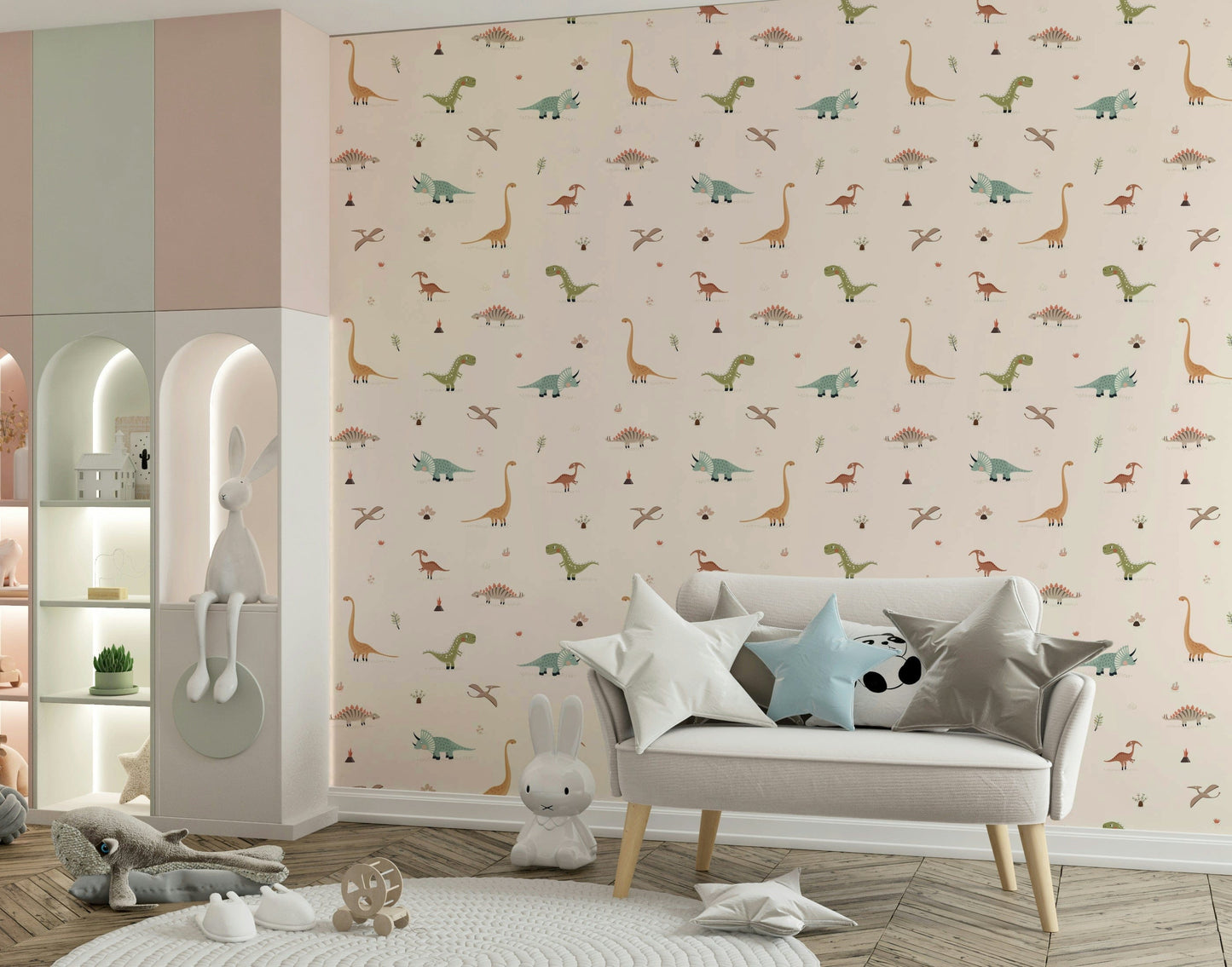 Prehistoric landscape wall mural with flying Pterodactyls and volcanos.