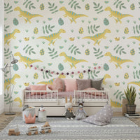 Pastel dinosaur wallpaper adding a joyful, adventurous vibe to nursery walls.