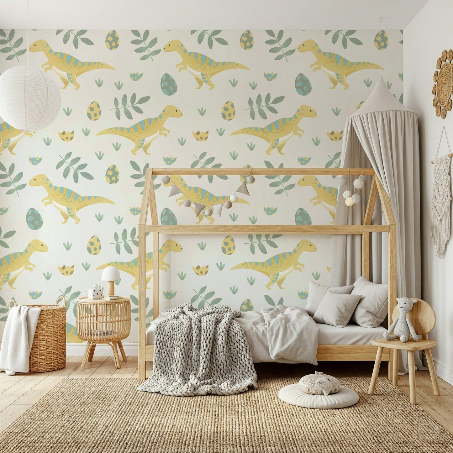 Nursery wallpaper with charming dinosaurs and simple, calming colors.