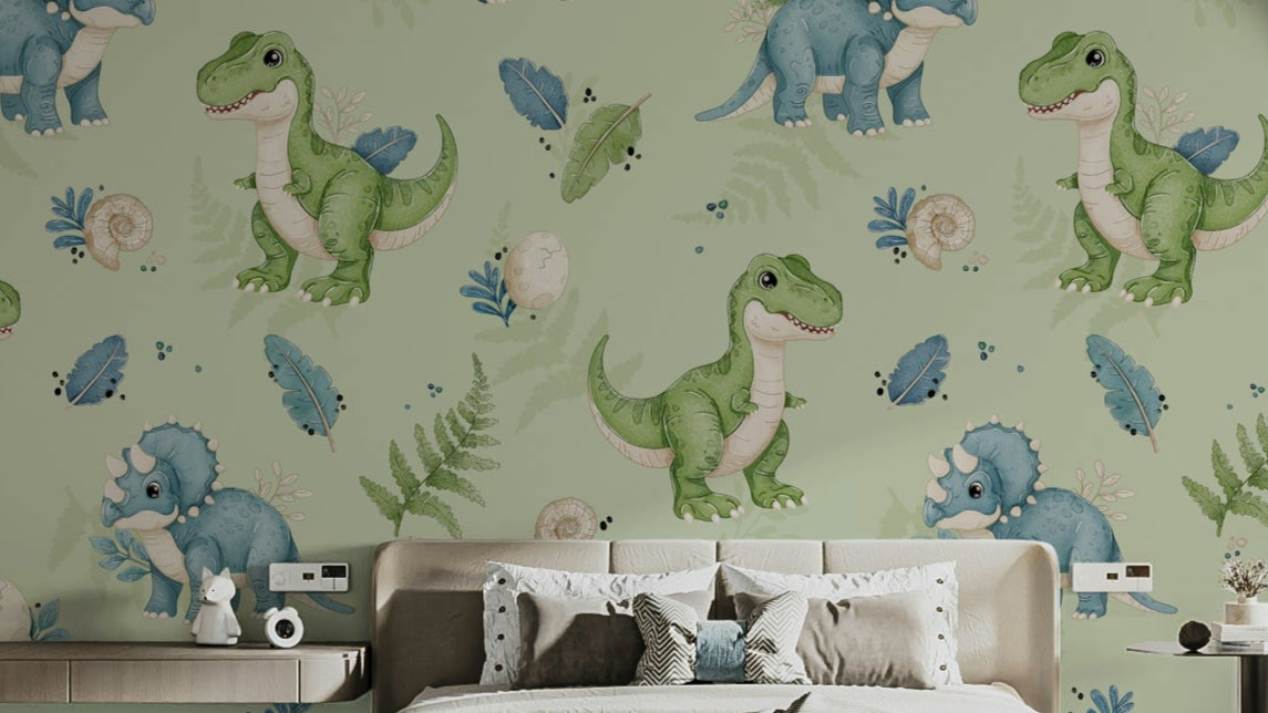 Dino Pals Green wallpaper for nursery walls

