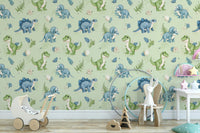 Fun dino pattern on light green wall

