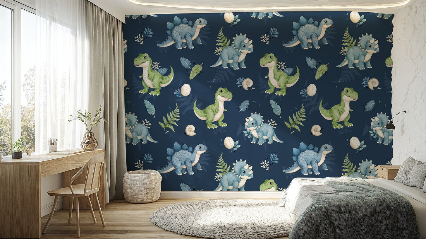 Stegosaurus and T-Rex on stylish wallpaper

