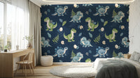 Stegosaurus and T-Rex on stylish wallpaper

