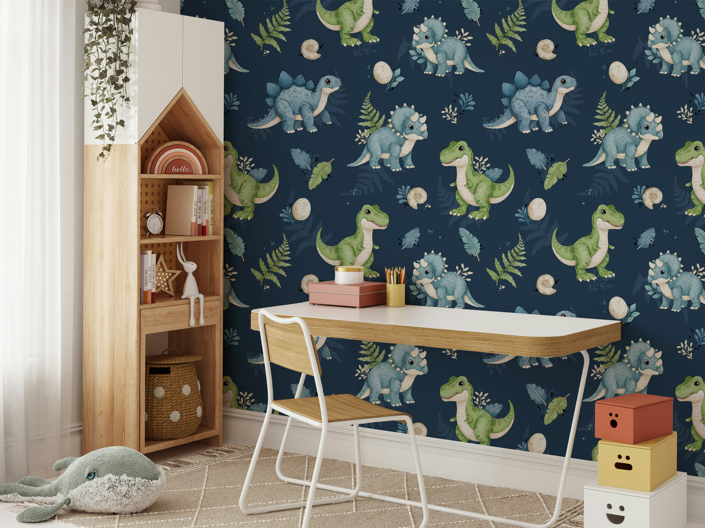 Green and blue dinosaurs on navy backdrop

