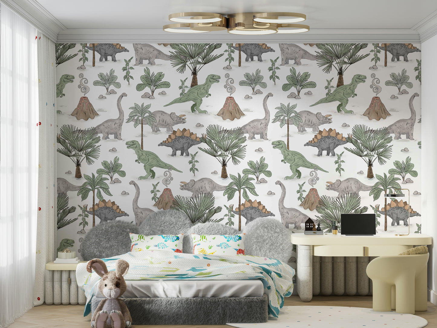 Nursery room with dinosaur wallpaper mural

