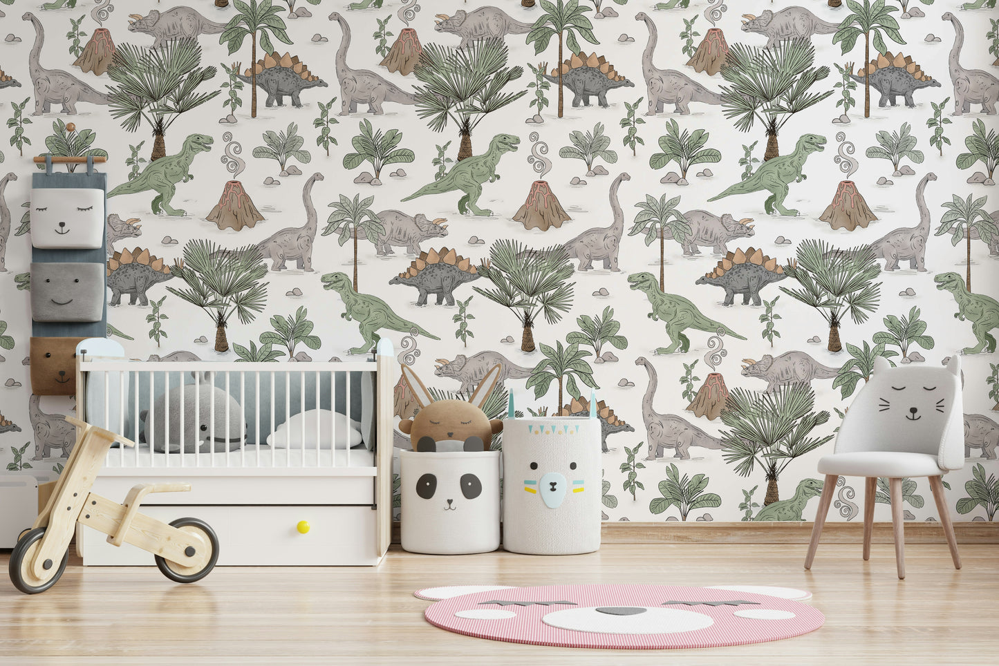 Green and beige dinosaur-themed wallpaper

