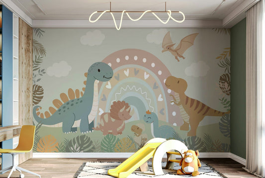 A cheerful wall mural with a whimsical, dinosaur design.

