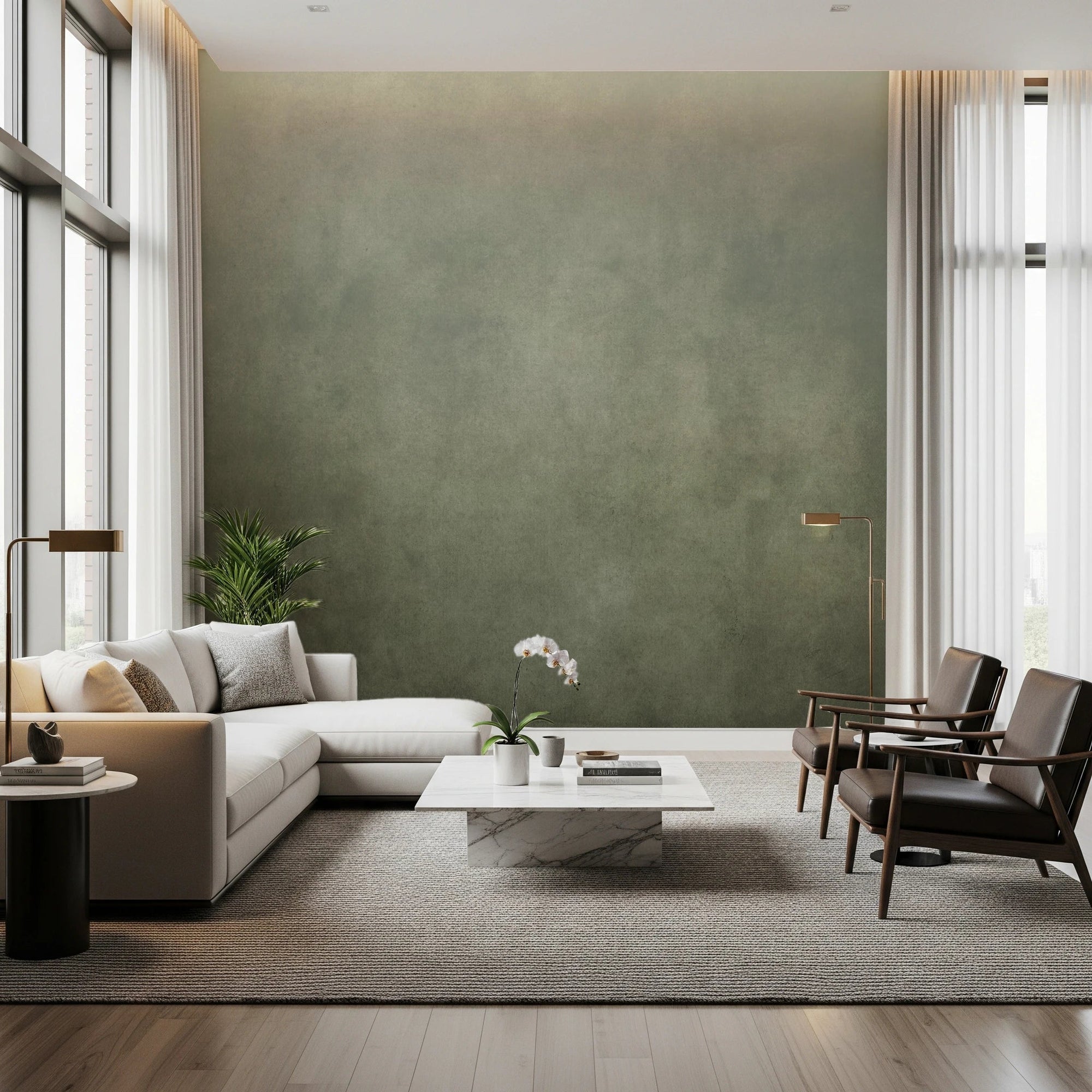Ombre Sage wall mural in a bright living room with beige sectional sofa, brown leather armchairs and marble table