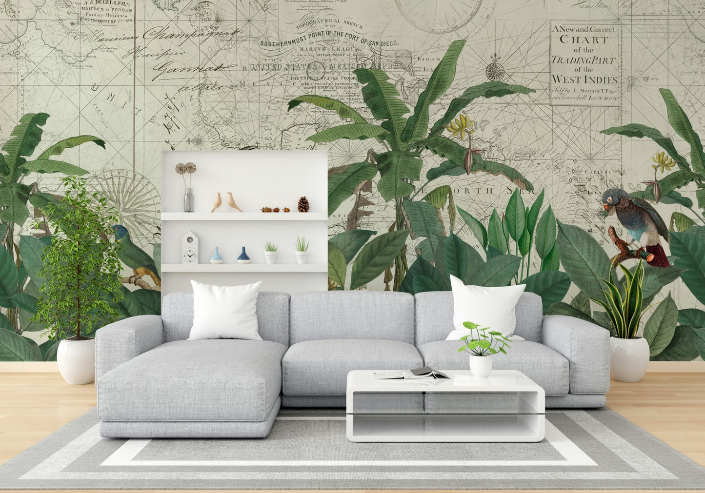 Vintage map mural wallpaper with jungle theme
