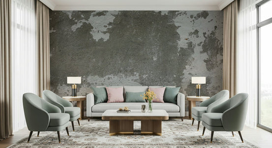 Distressed Concrete wallpaper mural in weathered grey behind a grey sofa flanked by two sage armchairs and lamps