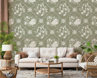 Distressed floral geometric wallpaper in guest room, calm backdrop with layered neutrals