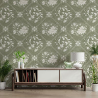 Vintage-style floral diamond pattern wallpaper in home office, tidy desk and calm décor