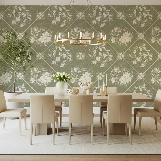 Floral geometric wallpaper in hallway, distressed finish with warm lighting and clean décor