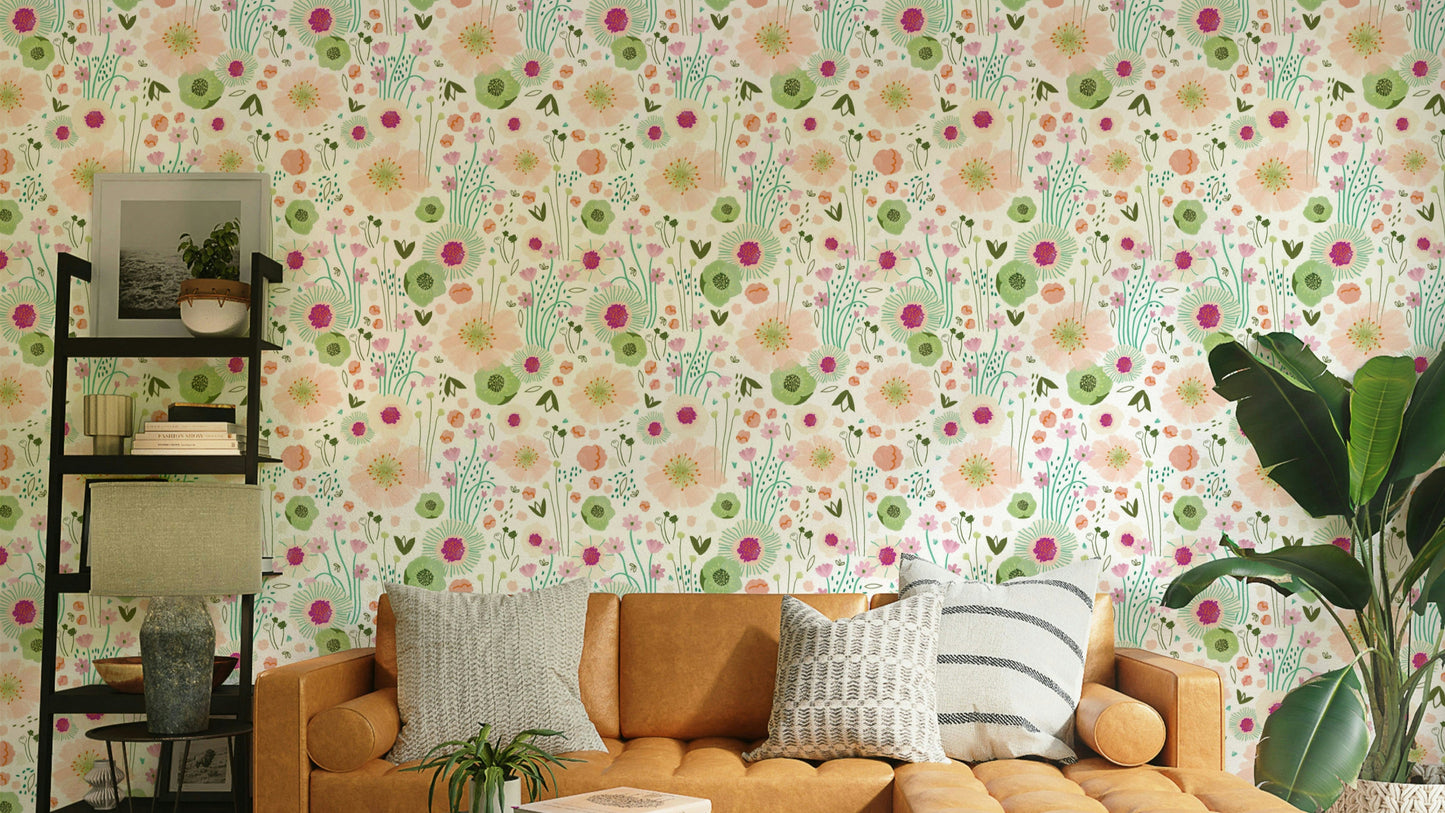 White wallpaper with tiny ditsy floral prints

