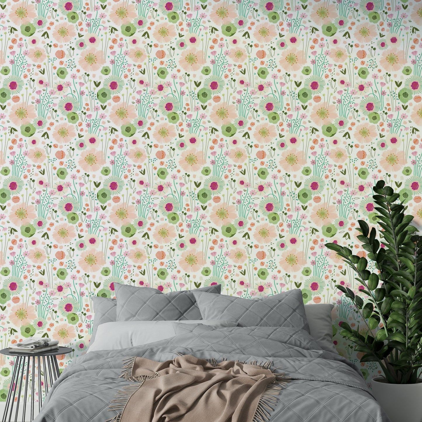 Whimsical floral pattern on subtle white wallpaper

