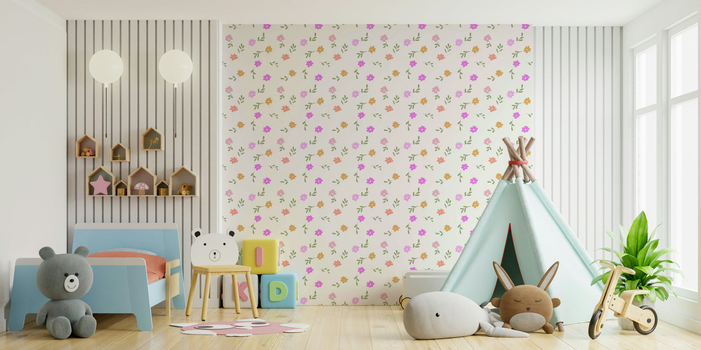 A peaceful small flower mural on decorative wallpaper.

