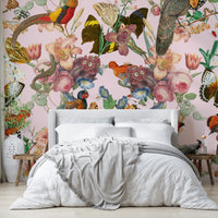 Abstract wall mural with dynamic shapes and a colorful palette.

