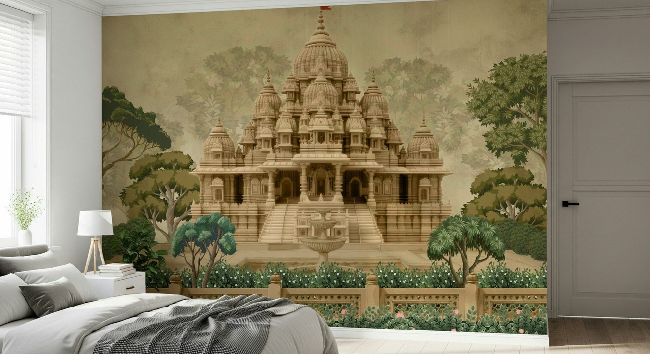 Divine Devalaya wall mural with temple-inspired architectural artwork