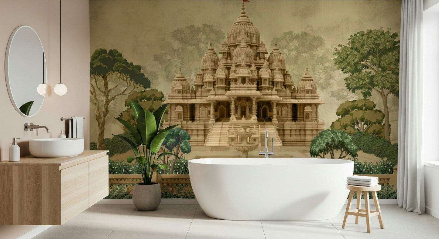 Divine Devalaya wall mural in warm tones with classic Indian design cues