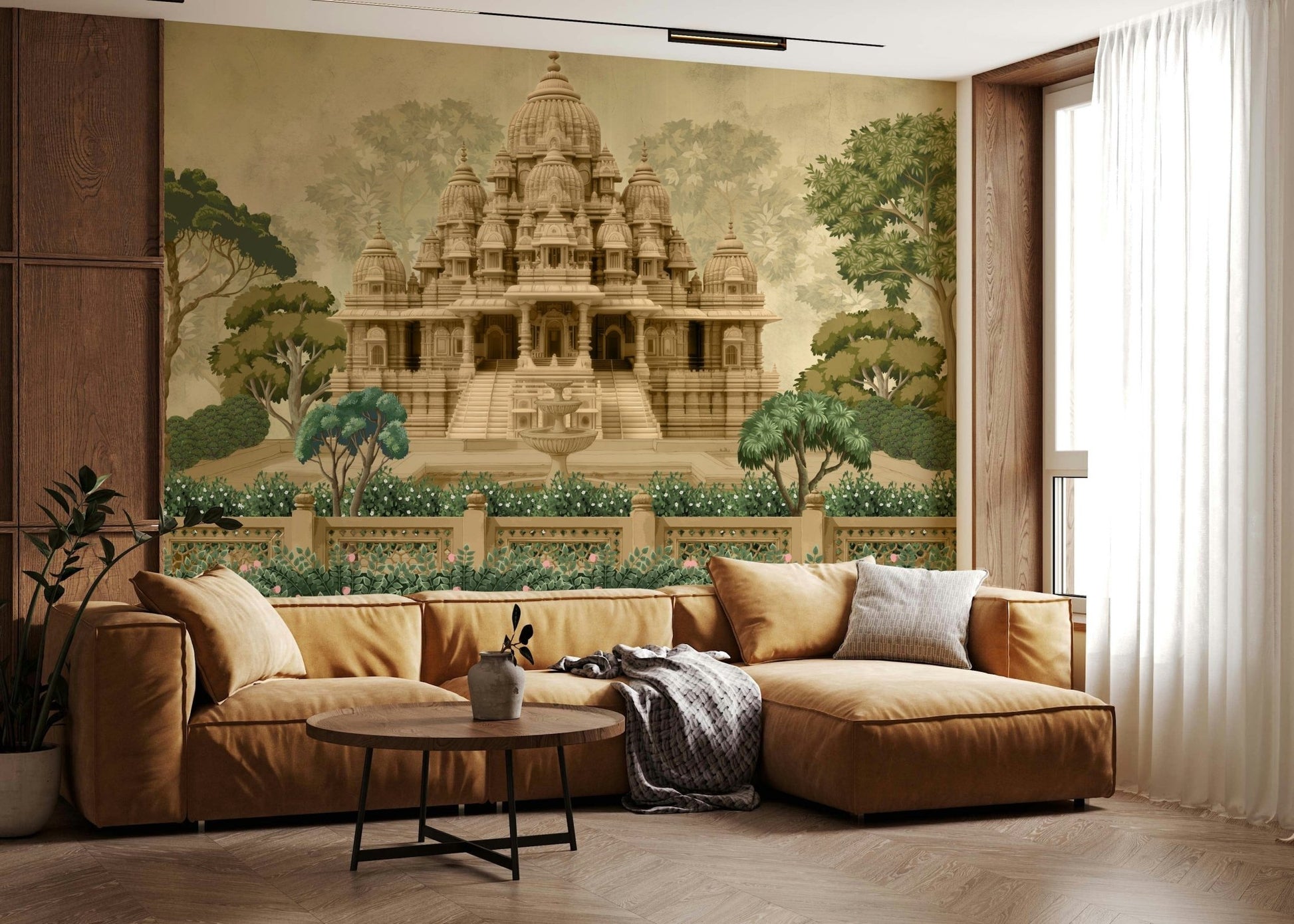 Close-up of Divine Devalaya wall mural showing ornate pattern details
