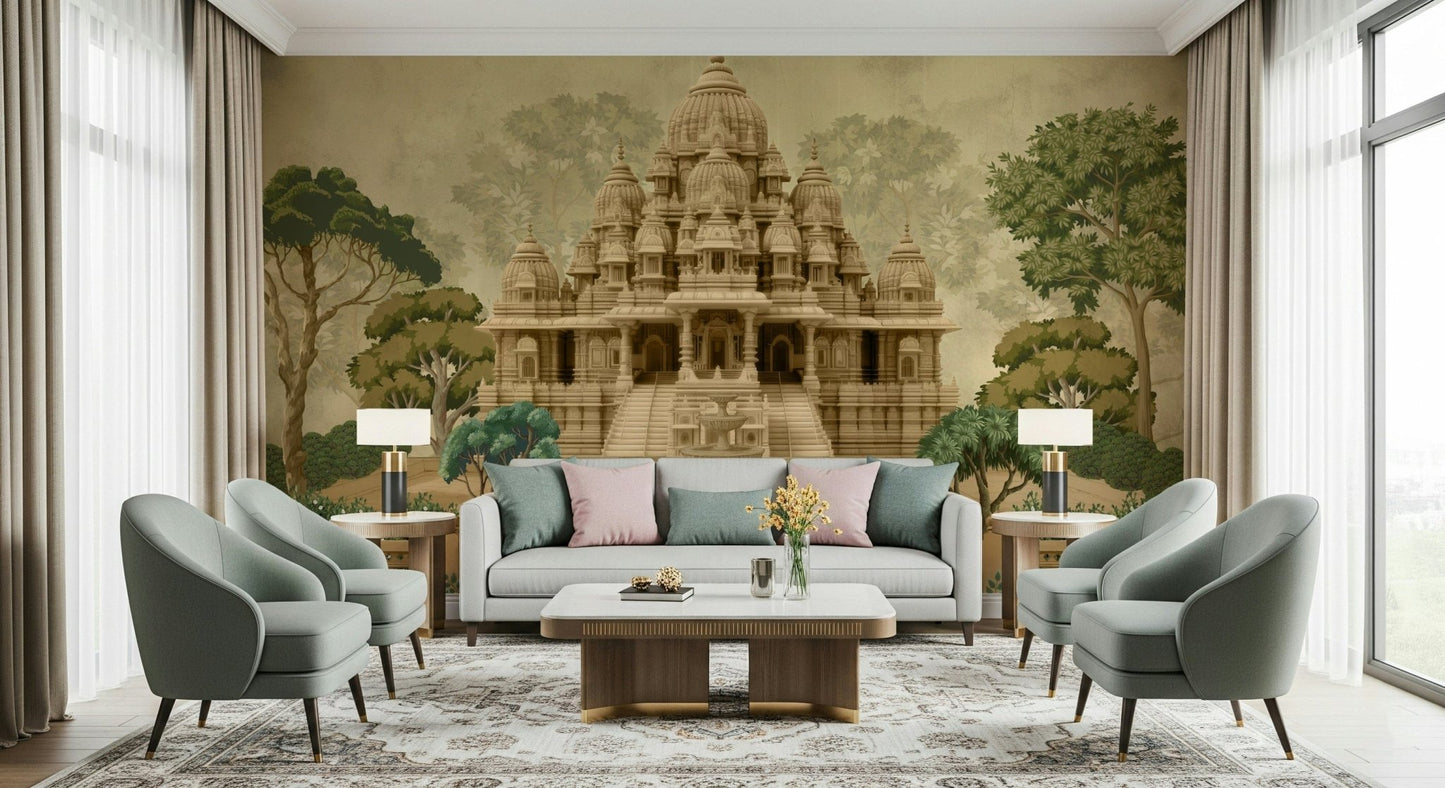 Divine Devalaya mural installed on a living room feature wall