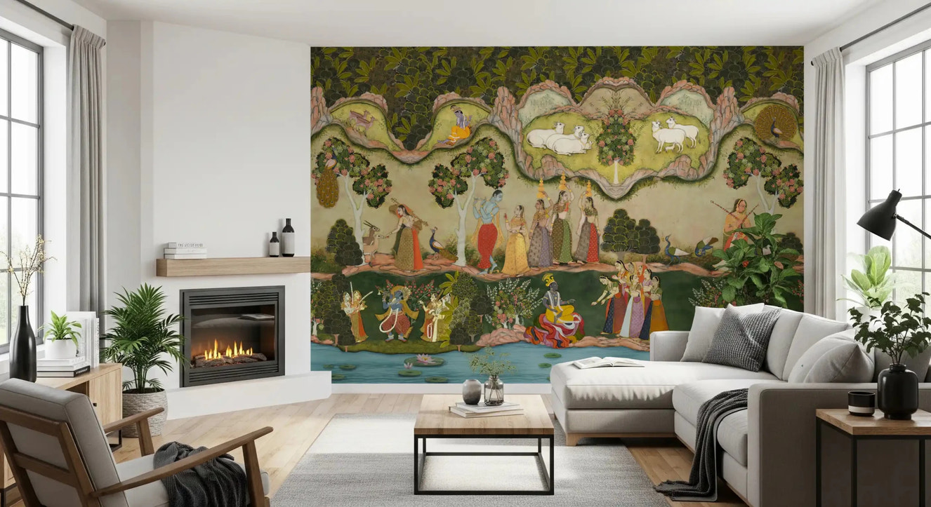 Divine Garden Serenade mural living room with Krishna and nature.