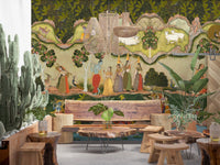 Graceful scene of ladies walking in the garden for dining area wall mural