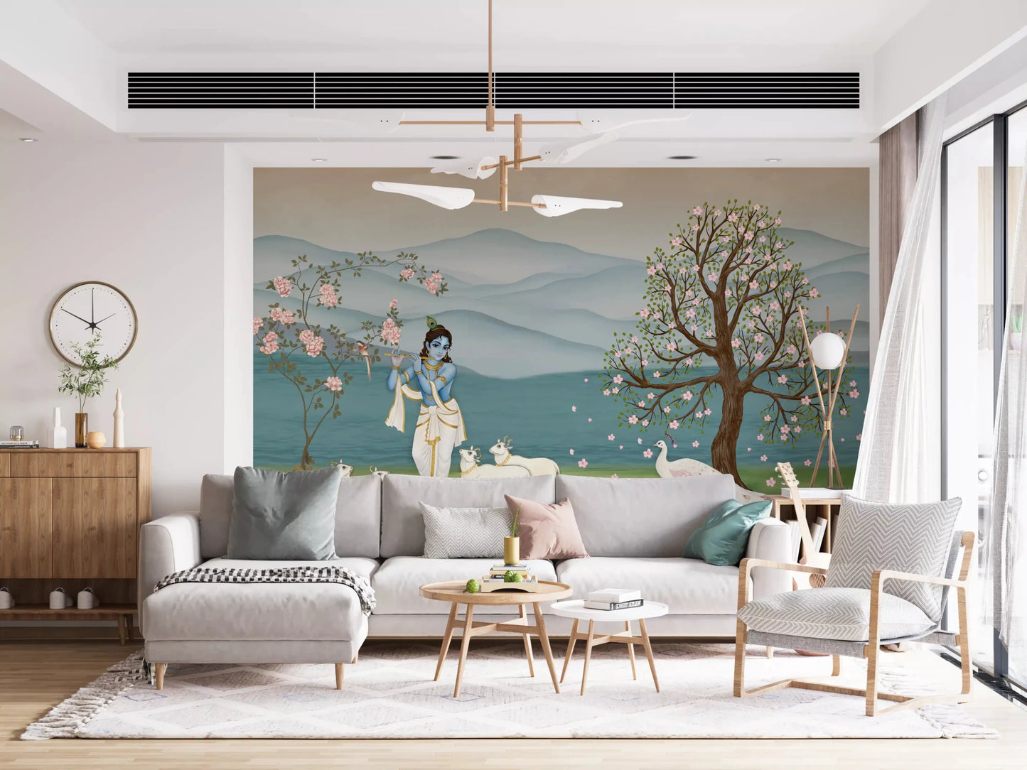 Blue Krishna with cows, for hallway with  Divine Serenity Garden Wall Mural