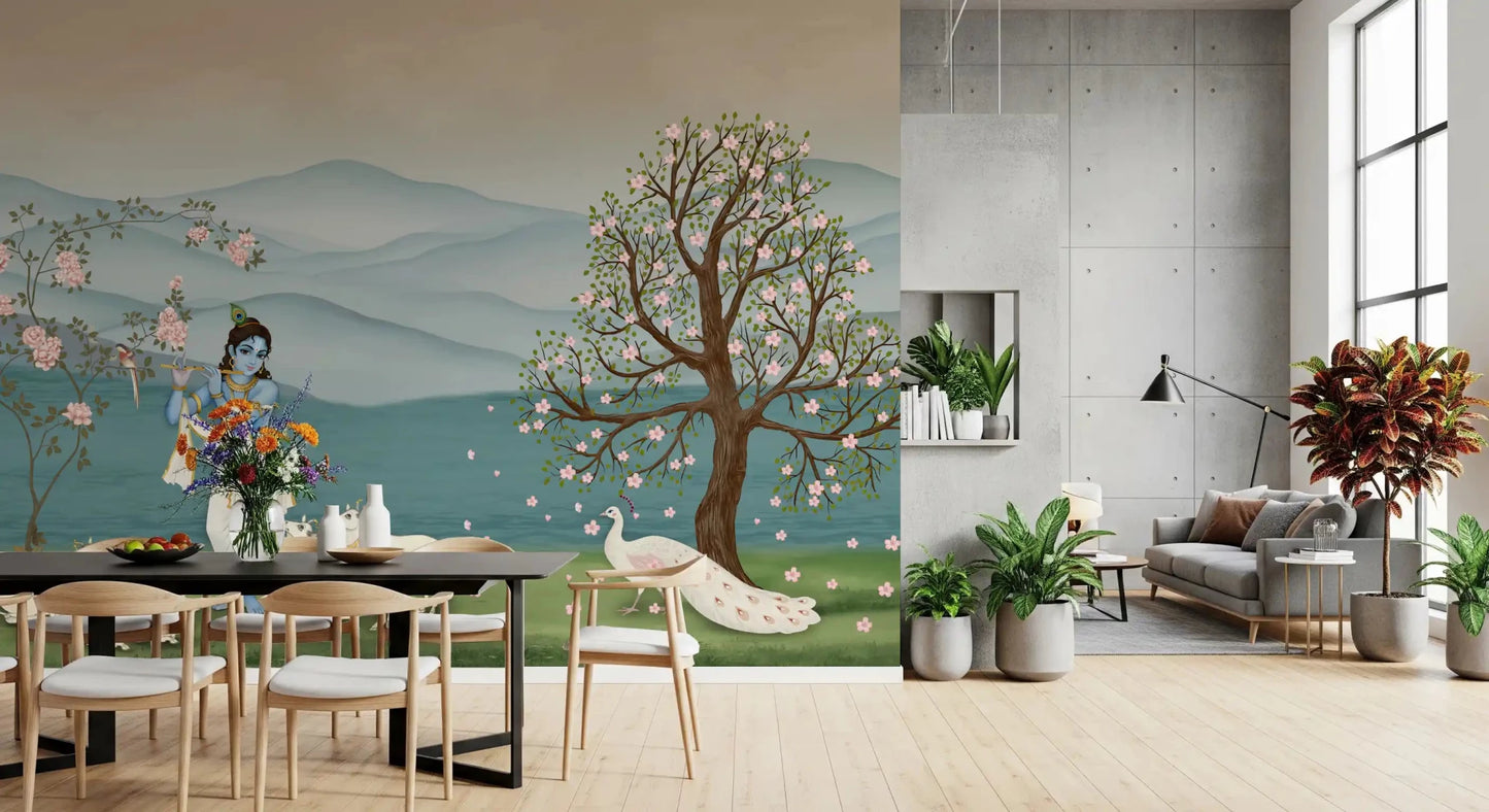 Stylish dining area White peacock floral tree Divine Serenity Garden Wall Mural