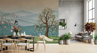 Stylish dining area White peacock floral tree Divine Serenity Garden Wall Mural