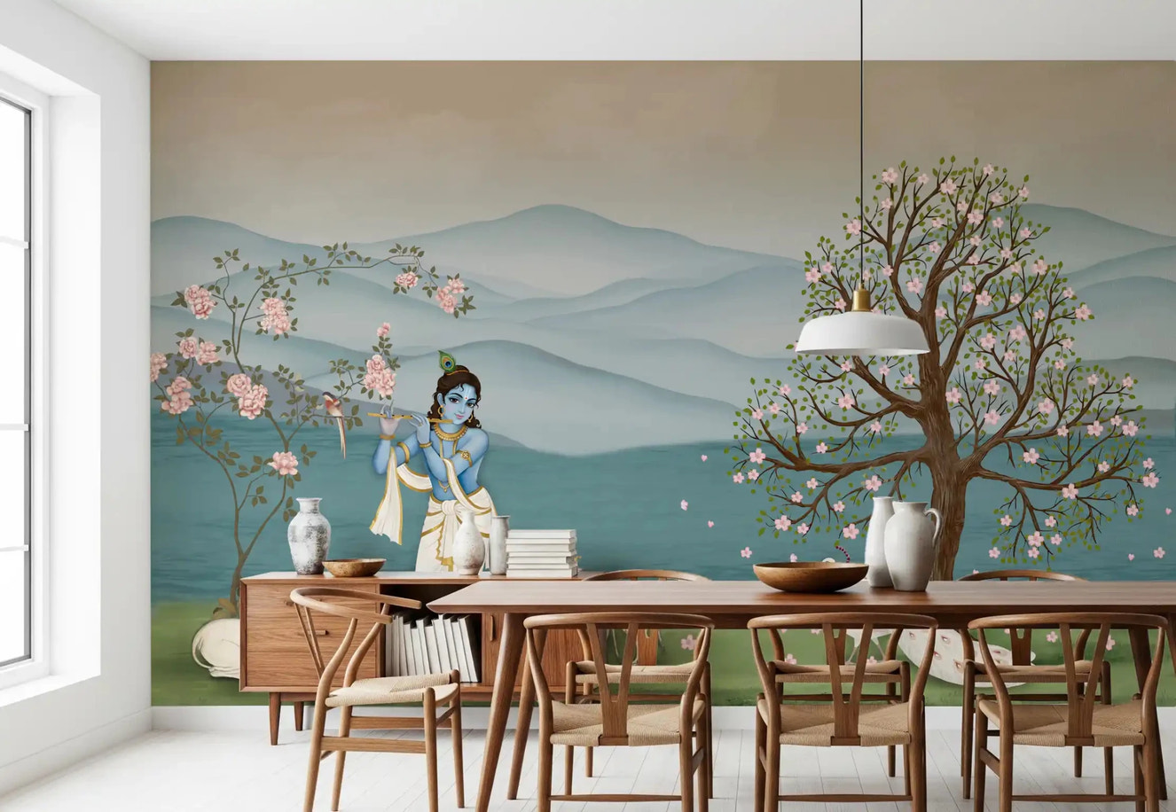 Krishna playing flute on Divine Serenity Garden dining room Wall Mural