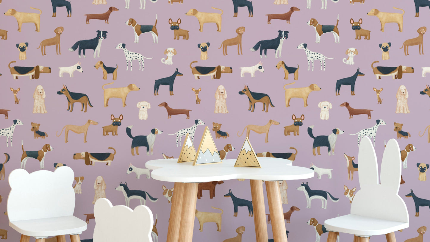 Lilac dog wallpaper for kids' room decor
