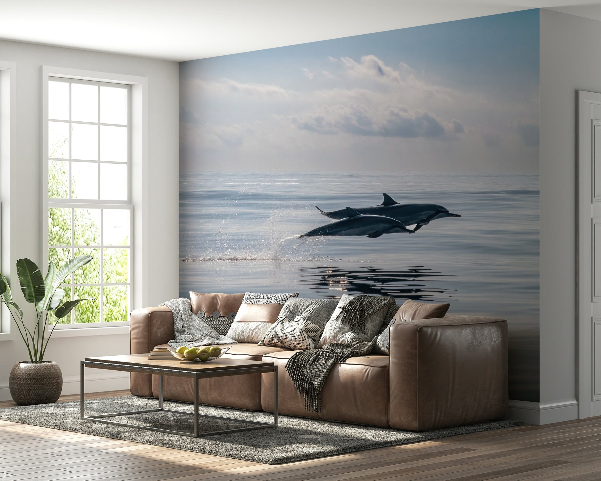 Dolphin wall mural in bedroom, soft blue water palette, relaxing coastal wall decor