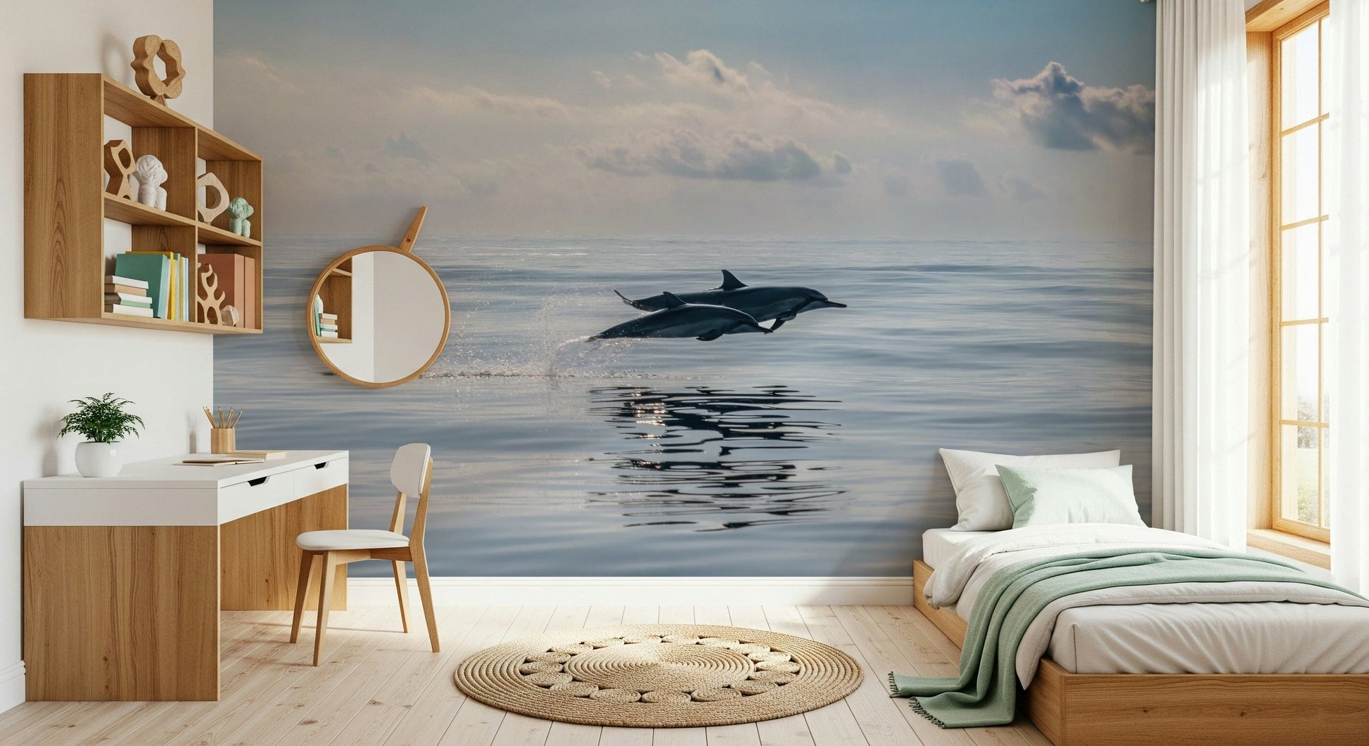 Dolphin wallpaper mural in reading nook, ocean-inspired wall decor, modern apartment style