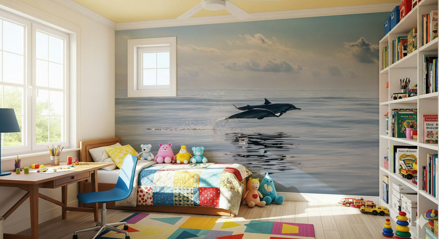 Minimal modern hallway with dolphin wall mural, sea blue background, feature wall