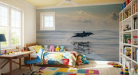 Minimal modern hallway with dolphin wall mural, sea blue background, feature wall