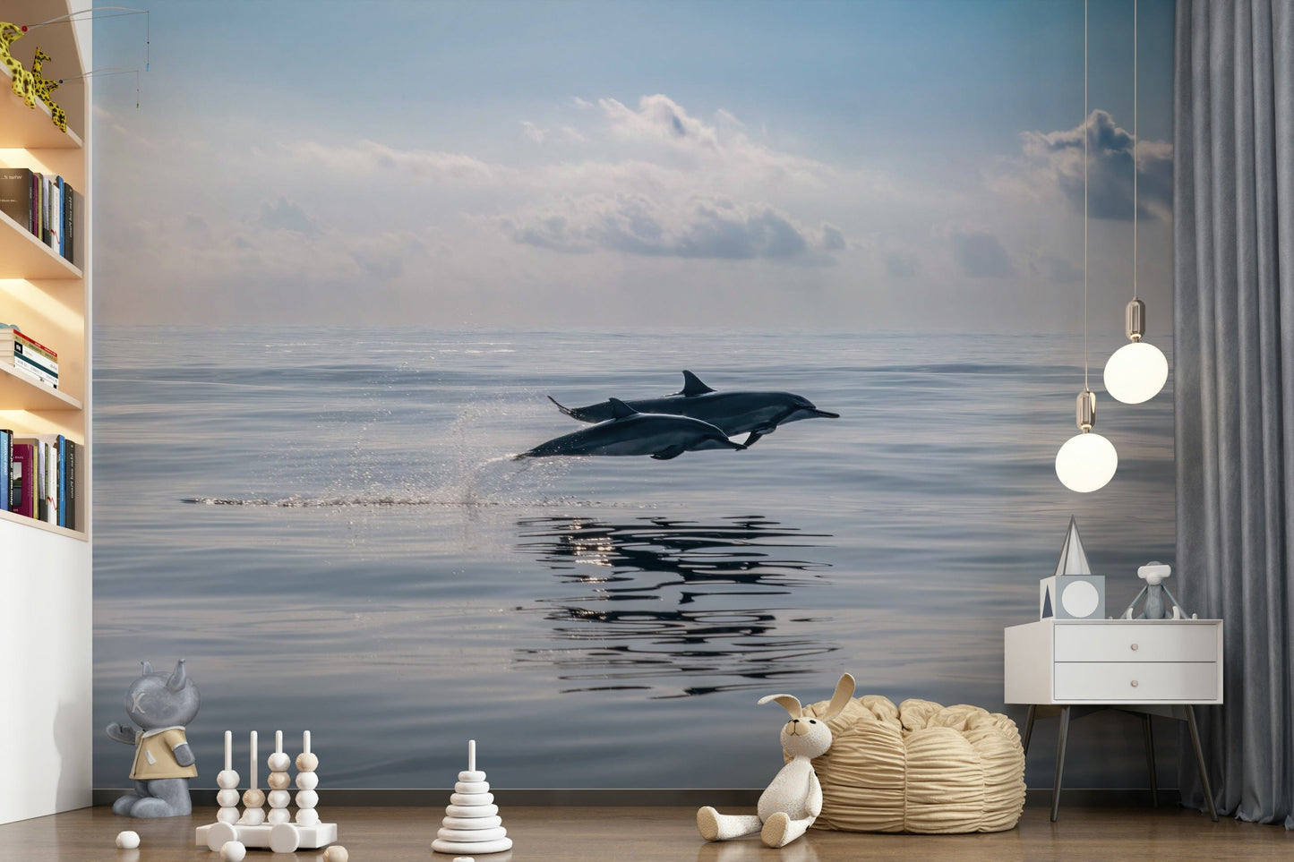 Dolphin’s Leap Wall Mural in modern living room, ocean blue tones, feature wall decor