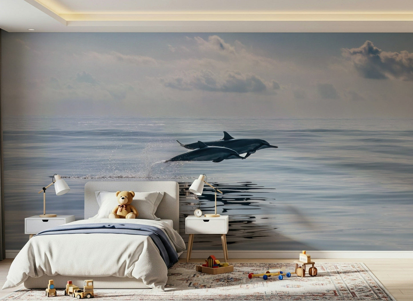 Dolphin mural behind bed, coastal design, light blue water tones, bedroom feature wall