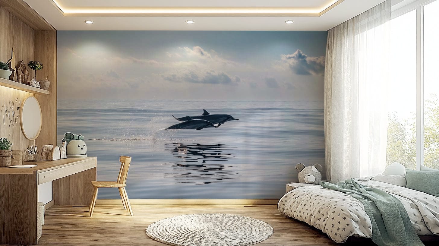 Dolphin mural on office feature wall, clean modern look, ocean theme in cool colors