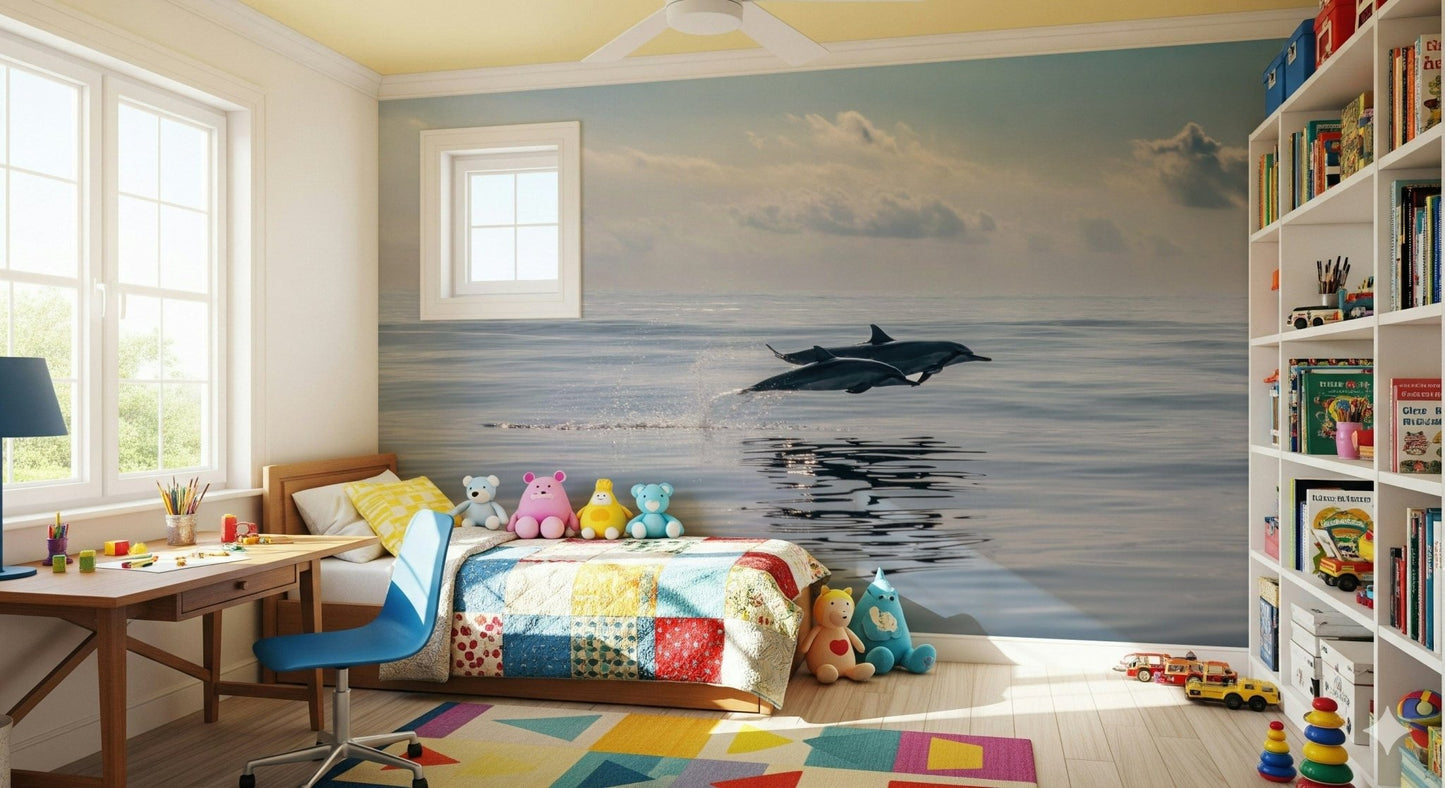 Minimal modern hallway with dolphin wall mural, sea blue background, feature wall
