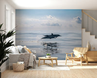 Modern home office with dolphin wall mural, ocean palette, calm wall decor backdrop