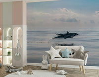 Underwater dolphin wallpaper mural in dining area, coastal style, blue and white tones