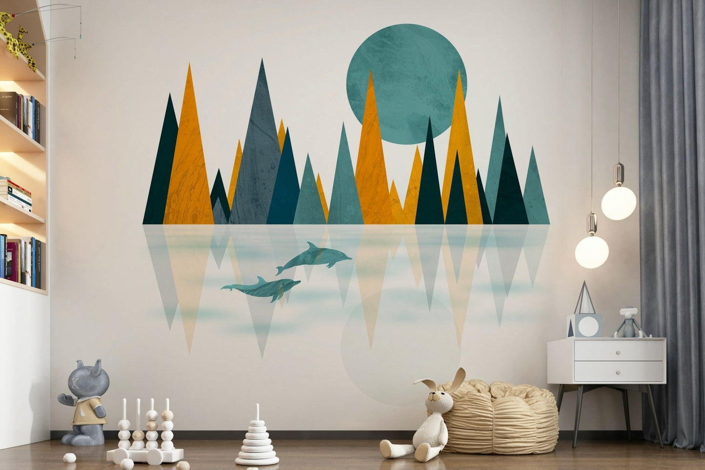 Abstract mountain water Dolphins Sunset print