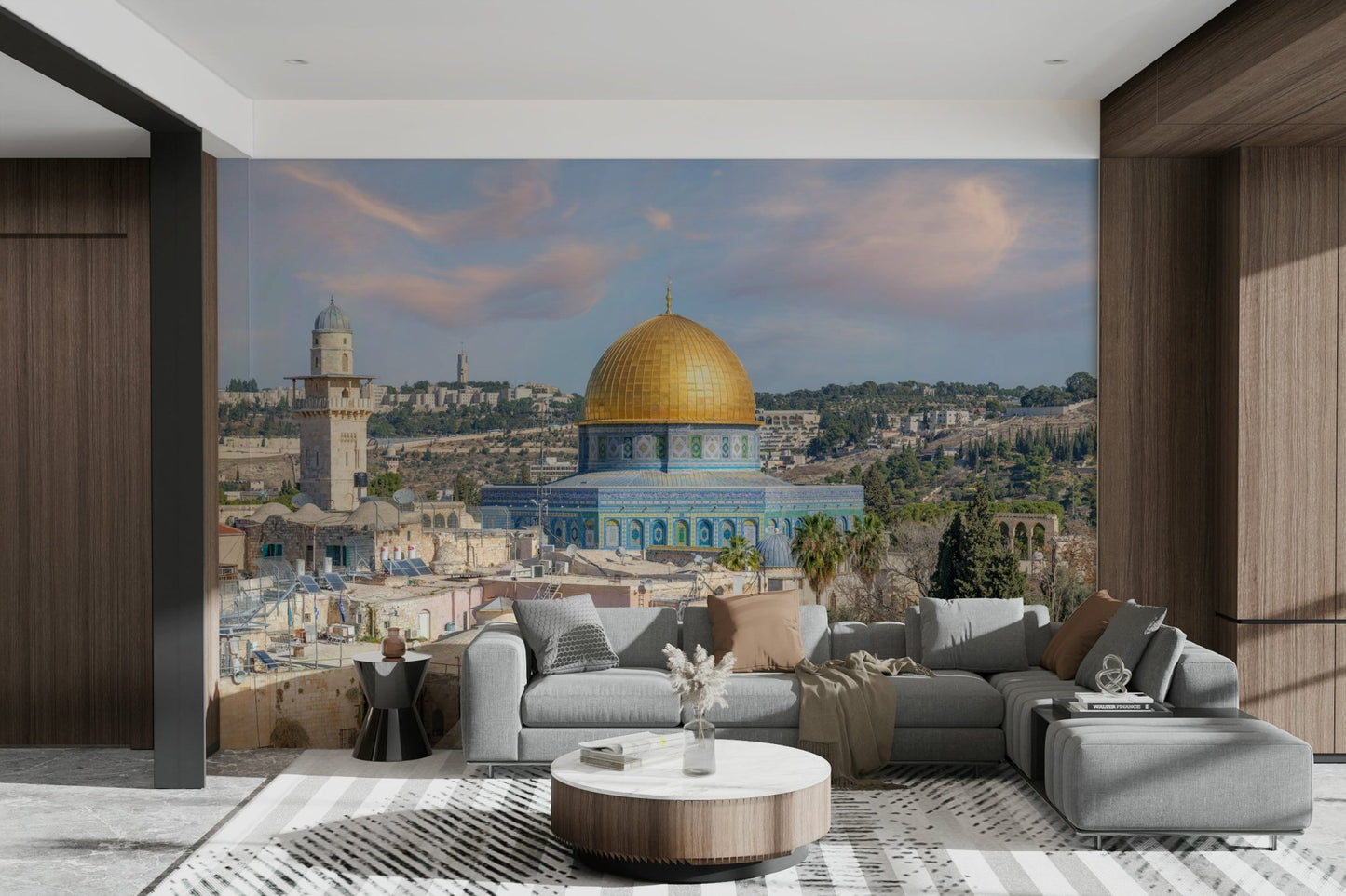 City view mural featuring Dome of the Rock

