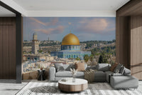City view mural featuring Dome of the Rock

