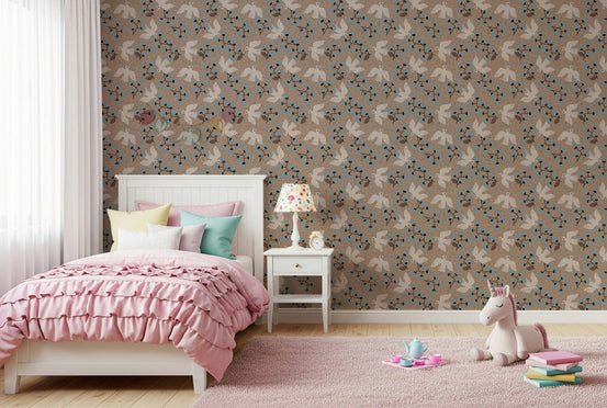 Flight pattern of birds and foliage design wallpaper texture.